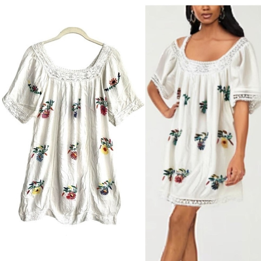 2 Chic Luxe Boho White Multi Floral Embroidered Crochet Shift Dress S/M …
